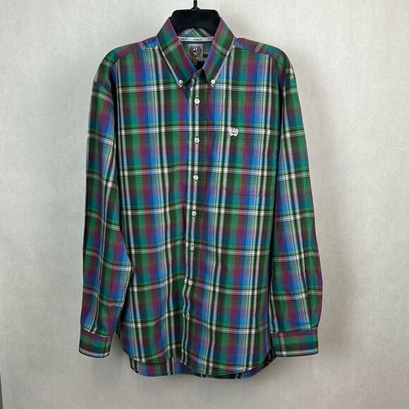 Cinch Button Down Shirt Sz Medium Long Sleeve Plaid Blue Green Button Front Up - Picture 1 of 6